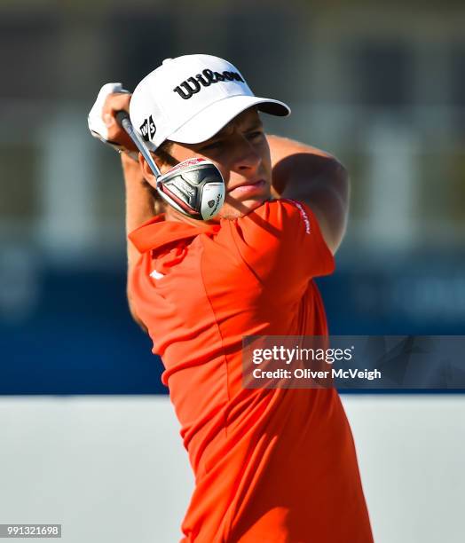 Donegal , Ireland - 4 July 2018; Joakim Lagergren of Sweden watches his drive from the 1st tee box during the Pro-Am round ahead of the Irish Open...