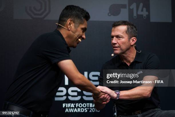 Lothar Matthaus greets, Jorge Campos during the The Best FIFA Football Awards Preview Media Event at Radisson Royal on July 4, 2018 in Moscow, Russia.