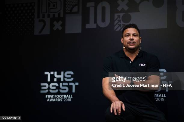Ronaldo speaks during the The Best FIFA Football Awards Preview Media Event at Radisson Royal on July 4, 2018 in Moscow, Russia.