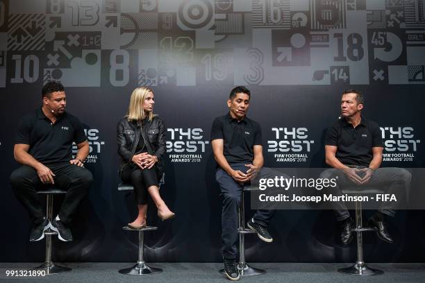 Ronaldo, Lindsay Tartly Snow, Jorge Campos and Lothar Matthaus speak to the media during the The Best FIFA Football Awards Preview Media Event at...