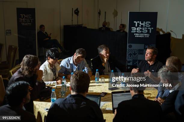 Lothar Matthaus speaks to the media during the The Best FIFA Football Awards Preview Media Event at Radisson Royal on July 4, 2018 in Moscow, Russia.