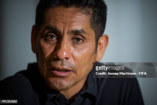 Jorge Campos speaks during the The Best FIFA Football Awards Preview Media Event at Radisson Royal on July 4, 2018 in Moscow, Russia.