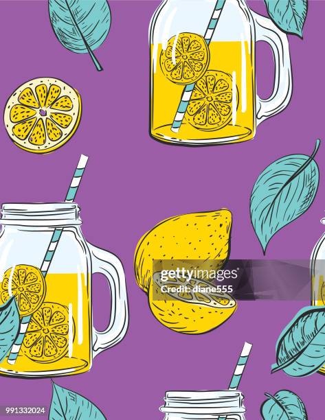 hand drawn lemons pattern - mason jar stock illustrations