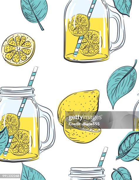 stockillustraties, clipart, cartoons en iconen met hand getekende citroenen patroon - herhaalpatroon in tegels