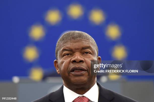 Angola's President Joao Lourenco delivers a speech during a plenary session at the European Parliament on July 4, 2018 in Strasbourg, eastern France.