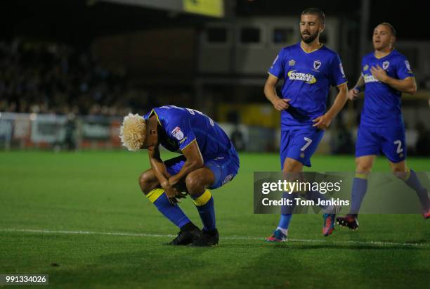 Dispair for Lyle Taylor of AFC after he missed a penalty in the 2nd half of the AFC Wimbledon v MK Dons League One match at Cherry Red Records...