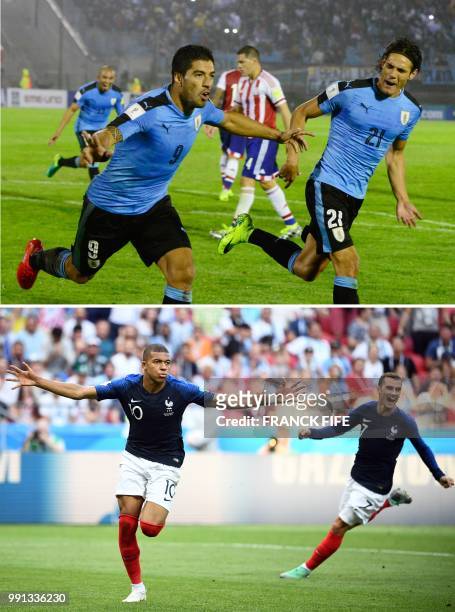 This combination of photos created on July 4, 2018 shows Uruguay's Luis Suarez celebrating with teammate Edinson Cavani after scoring a penalty in...