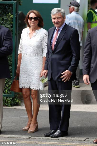 Carol Middleton and Michael Middleton seen arriving at Wimbledon Day 3 on July 4, 2018 in London, England.