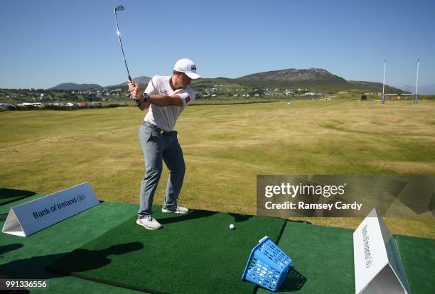 Donegal , Ireland - 4 July 2018; Paul Dunne of Ireland during a GAA Target Challenge at the Irish Open Golf Championship at Ballyliffin Golf Club in...