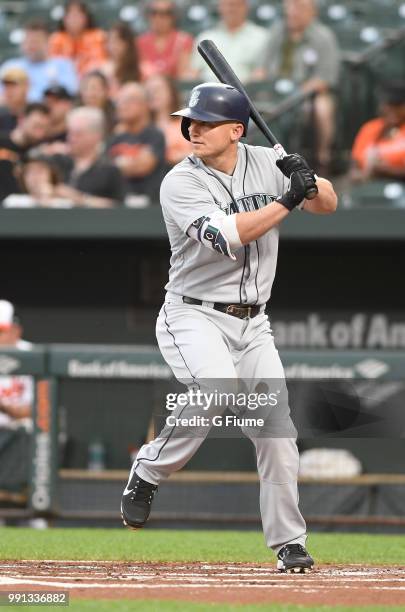 Kyle Seager of the Seattle Mariners bats against the Baltimore Orioles at Oriole Park at Camden Yards on June 27, 2018 in Baltimore, Maryland.