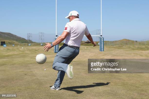 Paul Dunne of Ireland competes in the GAA AllStar Challenge during the Dubai Duty Free Irish Open Previews at Ballyliffin Golf Club on July 4, 2018...
