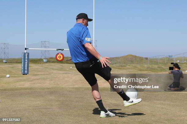 Player Kieran Donaghy of Kerry competes in the GAA AllStar Challenge during the Dubai Duty Free Irish Open Previews at Ballyliffin Golf Club on July...