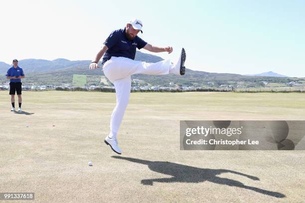 Shane Lowry of Ireland competes in the GAA AllStar Challenge during the Dubai Duty Free Irish Open Previews at Ballyliffin Golf Club on July 4, 2018...