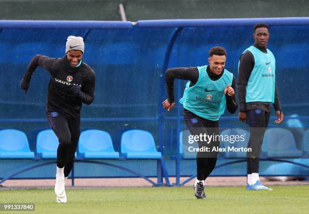 Marcus Rashford and Trent Alexander-Arnold in action during an England training session on July 4, 2018 in Saint Petersburg, Russia.