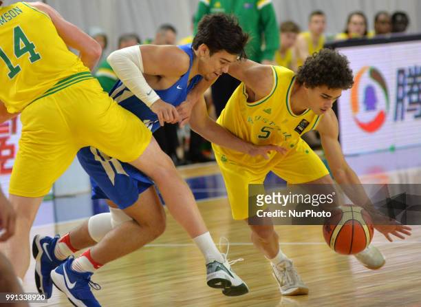 Hunter Madden od Australia in action during Fiba U17 world cup game match between Australia and Puerto Rico at the Atletico Union stadium in Santa...