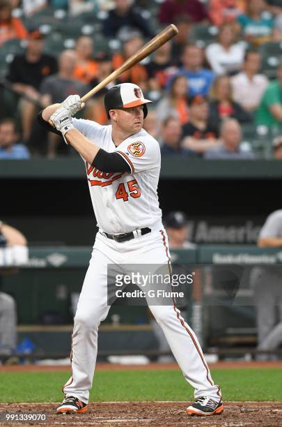 Mark Trumbo of the Baltimore Orioles bats against the Seattle Mariners at Oriole Park at Camden Yards on June 27, 2018 in Baltimore, Maryland.