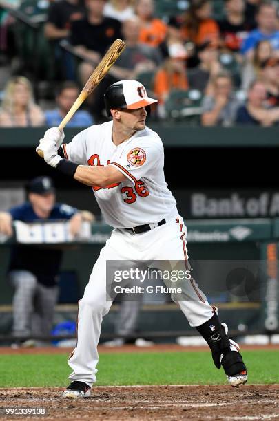 Caleb Joseph of the Baltimore Orioles bats against the Seattle Mariners at Oriole Park at Camden Yards on June 27, 2018 in Baltimore, Maryland.