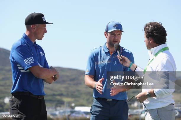 Players Kieran Donaghy of Kerry and Michael Murphy of Donegal are interviewed before they compete in the GAA AllStar Challenge during the Dubai Duty...