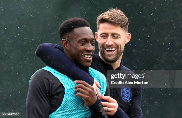 Danny Welbeck and Gary Cahill share a joke during an England training session on July 4, 2018 in Saint Petersburg, Russia.