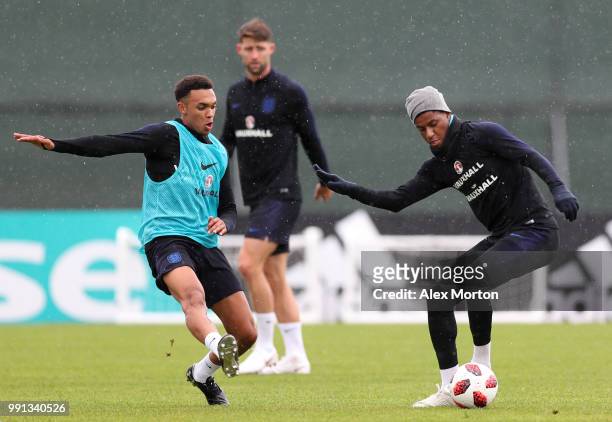 Marcus Rashford and Trent Alexander-Arnold in action during an England training session on July 4, 2018 in Saint Petersburg, Russia.