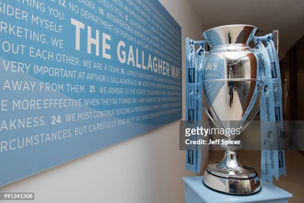 The Gallagher Premiership Trophy is displayed at the Gallagher offices on June 26, 2018 in London, England.The fixtures for the 2018-2019 Gallagher...