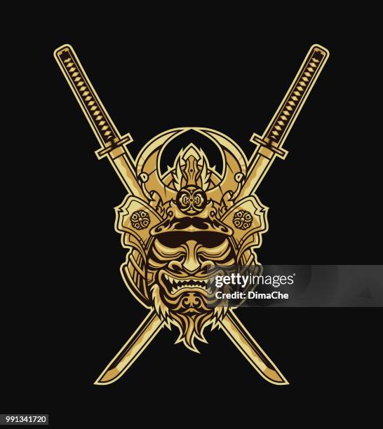 stockillustraties, clipart, cartoons en iconen met samurai monster warrior masker met katana - dolche