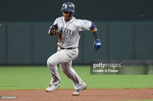 Jean Segura of the Seattle Mariners runs the bases against the Baltimore Orioles at Oriole Park at Camden Yards on June 27, 2018 in Baltimore,...