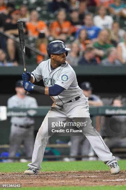 Jean Segura of the Seattle Mariners bats against the Baltimore Orioles at Oriole Park at Camden Yards on June 27, 2018 in Baltimore, Maryland.