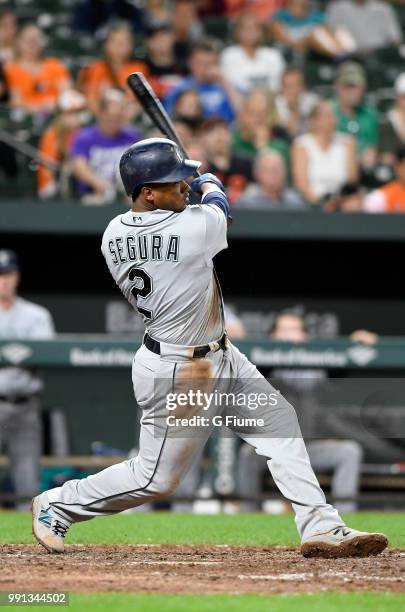 Jean Segura of the Seattle Mariners bats against the Baltimore Orioles at Oriole Park at Camden Yards on June 27, 2018 in Baltimore, Maryland.