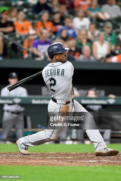Jean Segura of the Seattle Mariners bats against the Baltimore Orioles at Oriole Park at Camden Yards on June 27, 2018 in Baltimore, Maryland.