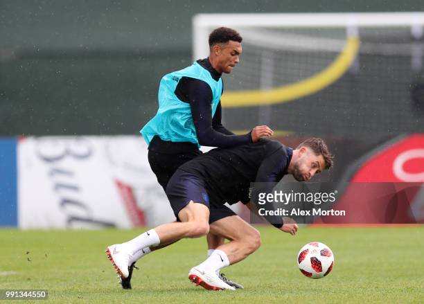 Tret Alexnader-Arnold and Gary Cahill in action during an England training session on July 4, 2018 in Saint Petersburg, Russia.