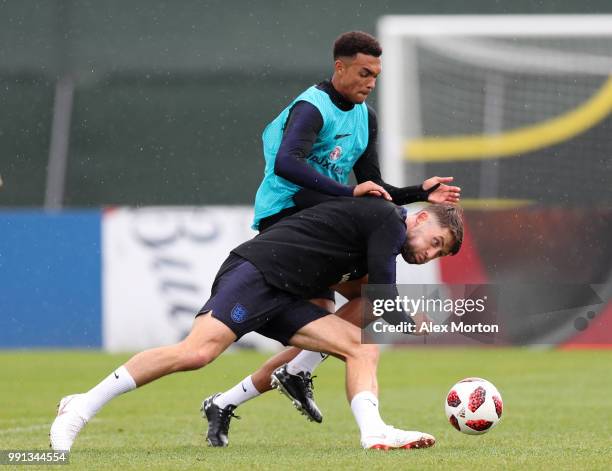 Tret Alexnader-Arnold and Gary Cahill in action during an England training session on July 4, 2018 in Saint Petersburg, Russia.