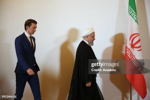 President of Iran Hassan Rouhani meets Austrian Prime Minister Sebastian Kurz at the Chancellery in Vienna, Austria on July 4, 2018.