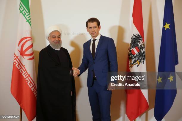 President of Iran Hassan Rouhani meets Austrian Prime Minister Sebastian Kurz at the Chancellery in Vienna, Austria on July 4, 2018.