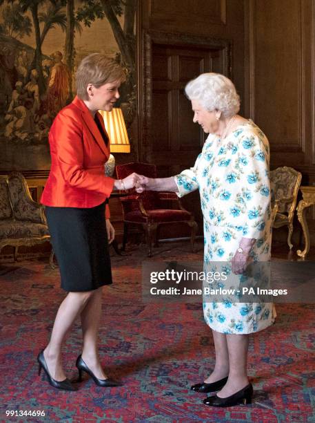 Queen Elizabeth II meets Scotland's First Minister Nicola Sturgeon, during an audience at the Palace of Holyrood House in Edinburgh.