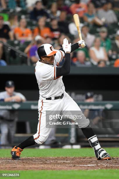 Jonathan Schoop of the Baltimore Orioles bats against the Seattle Mariners at Oriole Park at Camden Yards on June 27, 2018 in Baltimore, Maryland.