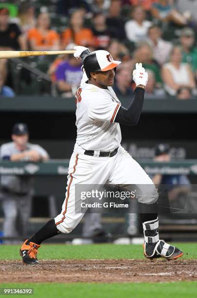 Jonathan Schoop of the Baltimore Orioles bats against the Seattle Mariners at Oriole Park at Camden Yards on June 27, 2018 in Baltimore, Maryland.