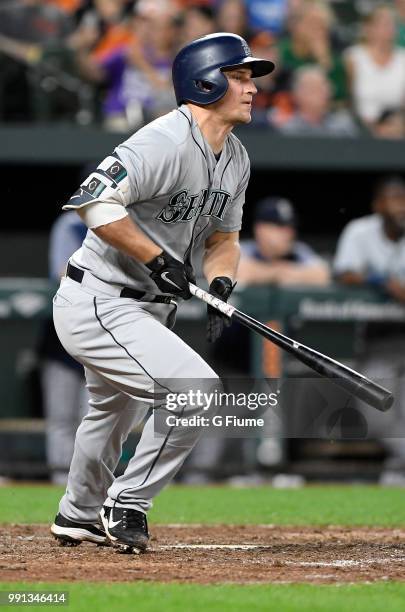 Kyle Seager of the Seattle Mariners bats against the Baltimore Orioles at Oriole Park at Camden Yards on June 27, 2018 in Baltimore, Maryland.