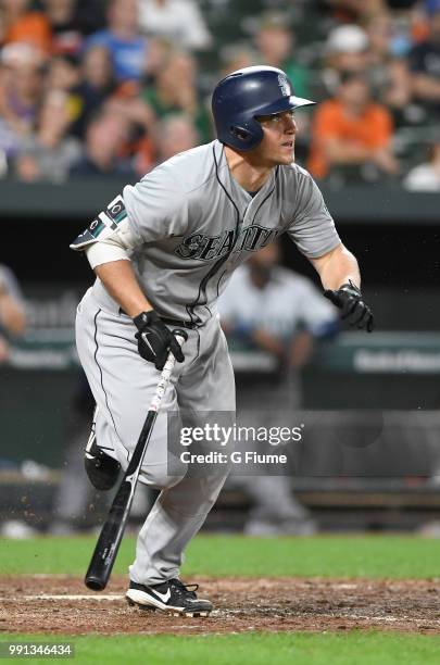 Kyle Seager of the Seattle Mariners bats against the Baltimore Orioles at Oriole Park at Camden Yards on June 27, 2018 in Baltimore, Maryland.