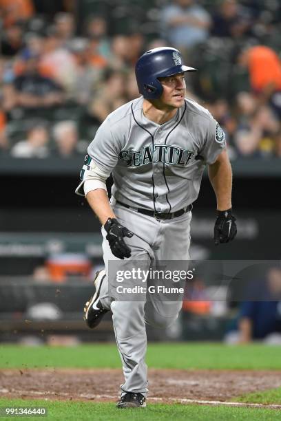 Kyle Seager of the Seattle Mariners runs to first base against the Baltimore Orioles at Oriole Park at Camden Yards on June 27, 2018 in Baltimore,...