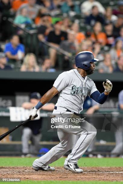 Denard Span of the Seattle Mariners bats against the Baltimore Orioles at Oriole Park at Camden Yards on June 27, 2018 in Baltimore, Maryland.