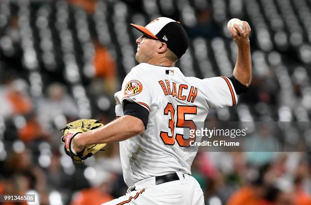 Brad Brach of the Baltimore Orioles pitches against the Seattle Mariners at Oriole Park at Camden Yards on June 27, 2018 in Baltimore, Maryland.
