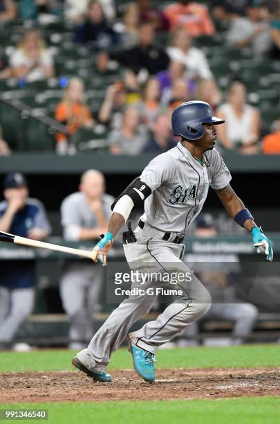 Dee Gordon of the Seattle Mariners bats against the Baltimore Orioles at Oriole Park at Camden Yards on June 27, 2018 in Baltimore, Maryland.