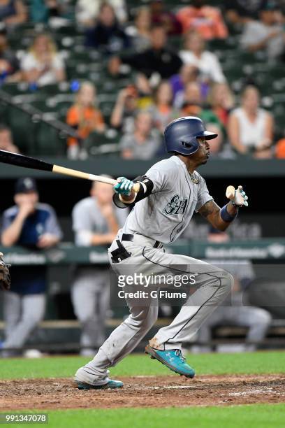 Dee Gordon of the Seattle Mariners bats against the Baltimore Orioles at Oriole Park at Camden Yards on June 27, 2018 in Baltimore, Maryland.