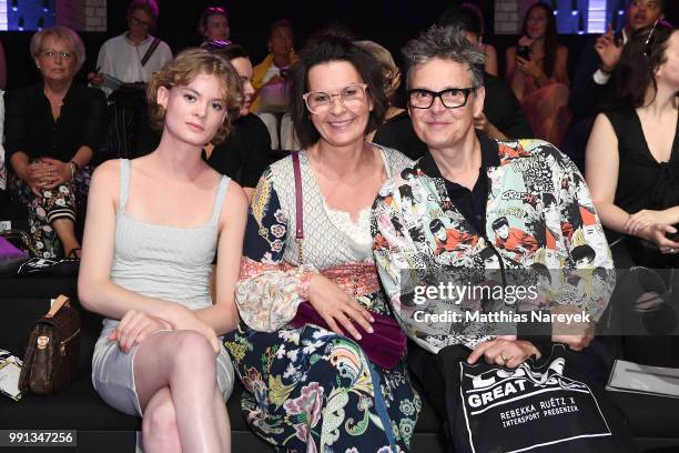 Astrid Rudolph , Rolf Scheider and a guest attends the Rebekka Ruetz show during the Berlin Fashion Week Spring/Summer 2019 at ewerk on July 4, 2018...