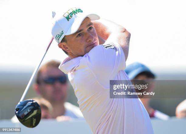 Donegal , Ireland - 4 July 2018; Paul Dunne of Ireland watches his drive on the 10th tee during the Pro-Am round ahead of the Irish Open Golf...