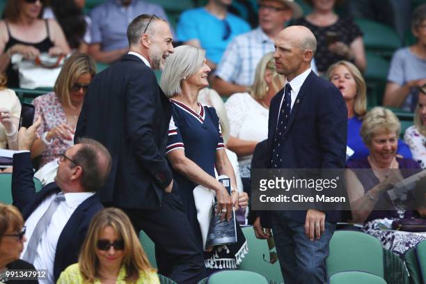 Chef Michel Roux Jr. And former rugby player Matt Dawson in the stands in Centre Court on day three of the Wimbledon Lawn Tennis Championships at All...