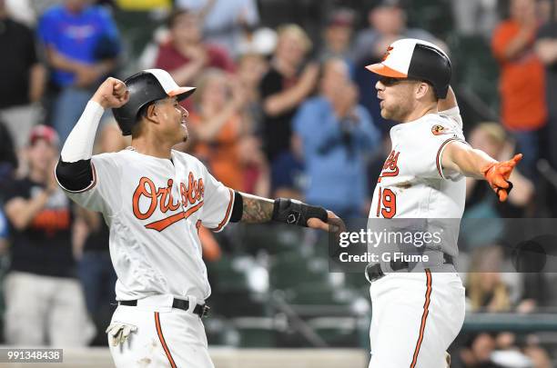 Chris Davis of the Baltimore Orioles celebrates with Manny Machado after hitting a home run against the Seattle Mariners at Oriole Park at Camden...