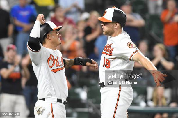 Chris Davis of the Baltimore Orioles celebrates with Manny Machado after hitting a home run against the Seattle Mariners at Oriole Park at Camden...
