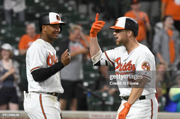 Chris Davis of the Baltimore Orioles celebrates with Jonathan Schoop after hitting a home run against the Seattle Mariners at Oriole Park at Camden...